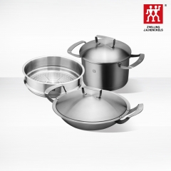 德国双立人Twin Gourmet锅具3件套装 28cm中式炒锅蒸笼深烧锅厨具 不锈钢色